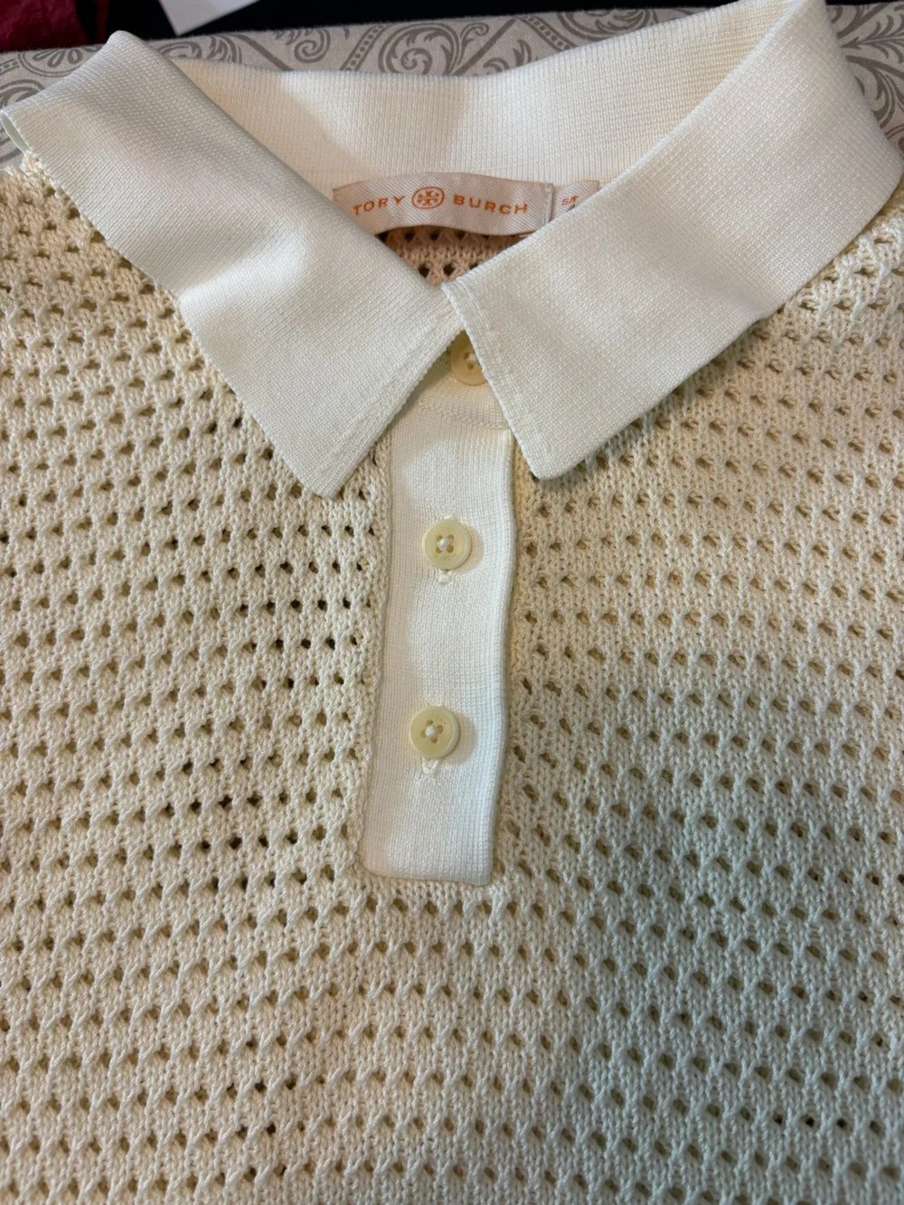 Tory Burch Cream Open Knit Crochet Sweater Pointelle Polo Shirt Top S Small